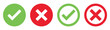 © J Creatives - Check mark icon button set. Check box icon with right and wrong buttons and yes or no checkmark icons in green tick box and red cross.