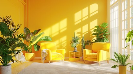 Yellow living room with two yellow chairs and two potted plants. The room has a bright and cheerful atmosphere