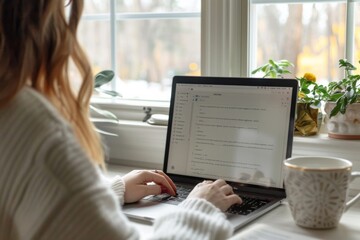 Person typing laptop desk window