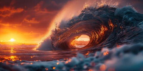 Wall Mural - A large, beautiful wave is crashing in the ocean during a picturesque sunset
