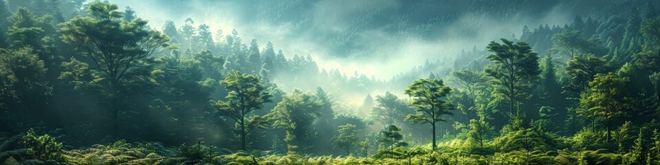  The sun shines through the trees in the forest on a beautiful day