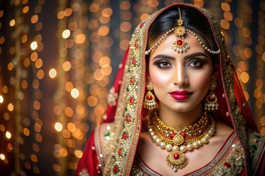 beautiful indian bride in traditional bridal attire with intricate embroidery and jewels , indian, b