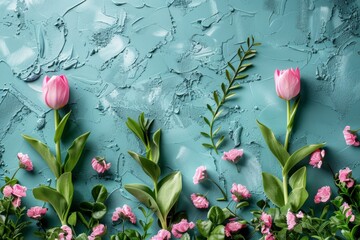 Canvas Print - Flowers on blue wall with green leaves