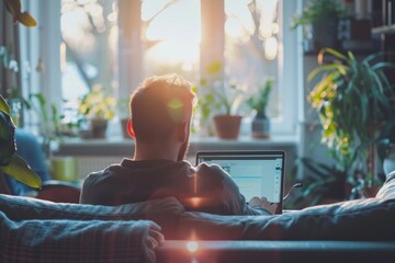 Poster - Person seated on sofa with laptop by window