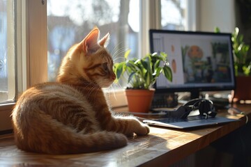 Wall Mural - Cat beside laptop on desk
