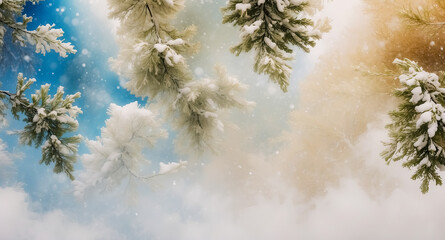 Poster - Snow-covered Pine Branches Against a Cloudy Sky