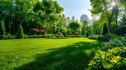 Wall Mural - beautiful wide manicured lawns surrounded by green trees and bushes
