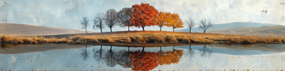 Wall Mural - Scenic painting showing a serene lake, trees, and clouds