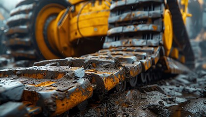 Close-up of a muddy bulldozer track in a construction site, highlighting details of industrial machinery and rough terrain.