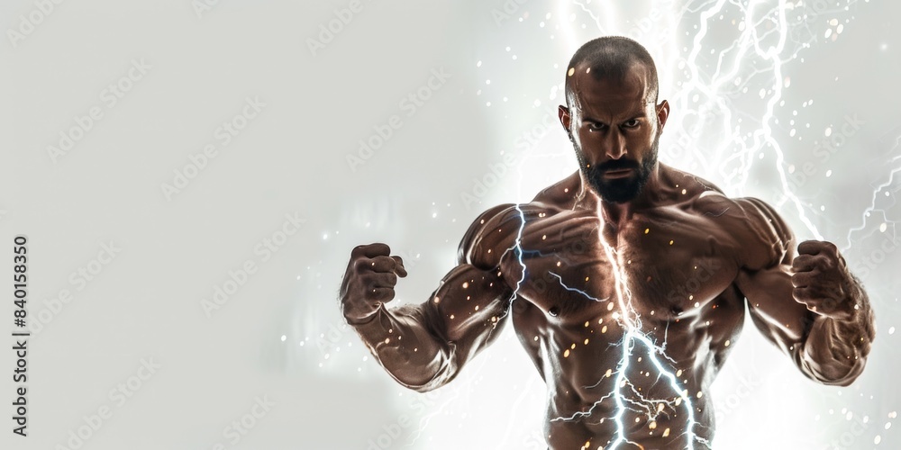A bodybuilder generates electricity on a white background, sports coach ...