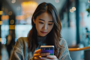 Poster - Female using smartphone at restaurant