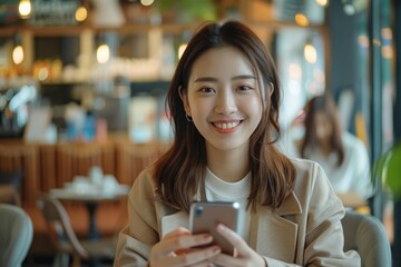 Sticker - Happy lady at table holding cell phone