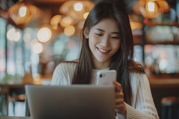 Canvas Print - Happy woman sitting, looking at phone