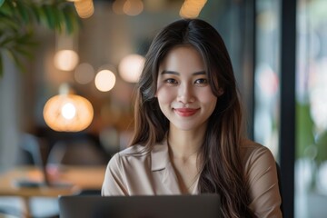 Sticker - Woman smiling with laptop in cafe