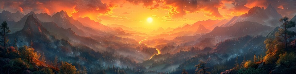 Wall Mural - Sunset painting with forest and mountains in the background