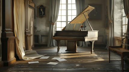 Baroque Musician's Haven Elegant Rehearsal Space with Harpsichord Sheet Music and Blank Business Cards