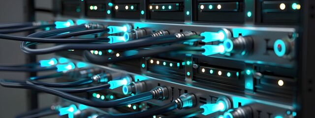 Poster - Futuristic Fiber Optic Network Node with Multiple Digital Connections in 3D Rendering