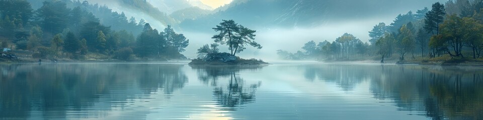 Wall Mural - Small island in a lake with trees under vast sky and peaceful atmosphere