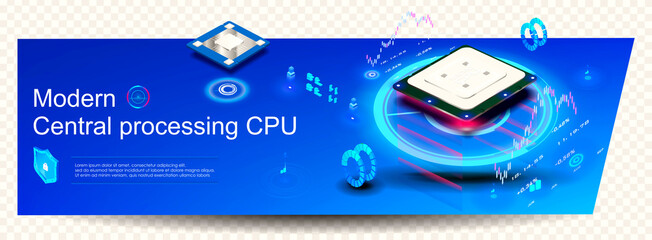 Poster - futuristic pc processor with neon hologram on transparent background. process operation multi-core p