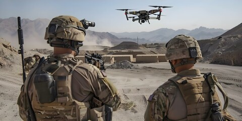 Two soldiers observe a drone hovering above them in a desert. Concept Military Operation, Surveillance Drones, Desert Landscape, Army Soldiers, Technology in Combat