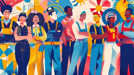 Colorful Labor Day unions art showing diverse workers standing together, bold union symbols and energetic