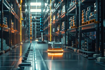 Futuristic Smart Warehouse with Robotic Systems and AI Logistics Management in Global Distribution Network Environment