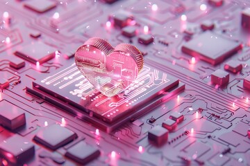 A computer chip in the shape of a heart, on a pink circuit board background, the core unit sits on an electronic platform surrounded by many small cube elements, 3D rendering