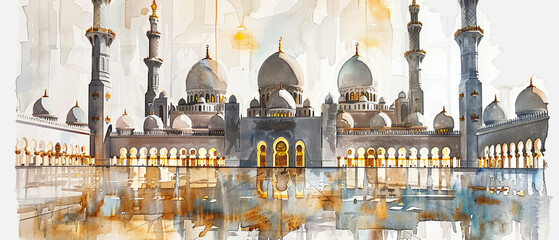 Watercolor hand draw The Sheikh Zayed Grand Mosque in Abu Dhabi UAE