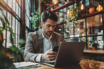 Sticker - Professional man in suit using laptop at table