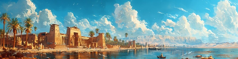 A painting featuring a castle by a lake with palm trees under a blue sky