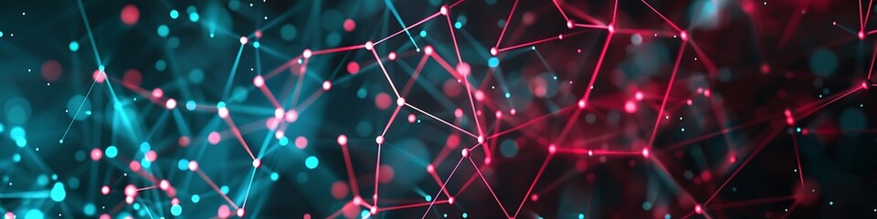 Modern technology background showcasing red and cyan dots connected in an intricate plexus network
