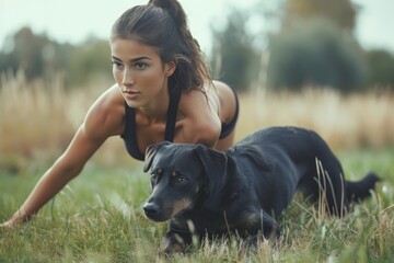 Woman, dog laid grass