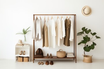 minimalist wardrobe with a few carefully curated pieces, isolated on a white background