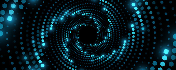 Poster - Abstract swirling circles of glowing blue hexagons. Big Data visualization into cyberspace. Vortex pattern of honeycombs with light effect. Futuristic background. Vector illustration.