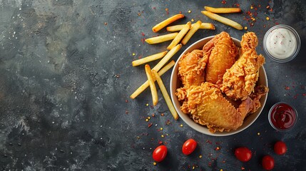 Wall Mural - Fried chicken photographed from above in a flat lay style Copy space
