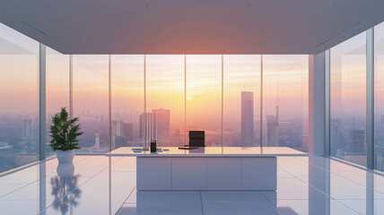 Wall Mural - A sleek, minimalist office space with white walls, a large desk, and floor-to-ceiling windows showcasing a skyline at sunset. Ai generated