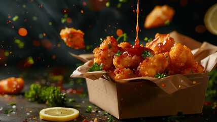 Wall Mural - Classic chicken nuggets in a container box, drizzled with spicy sauce, with flying ingredients like parsley and lemon slices. Ai generated