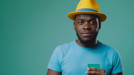 Young man of African American ethnicity he wears shirt blue t-shirt yellow hat hold put mock up of credit bank card into pocket isolated on plain green background studio portrait. Lifestyle concept.