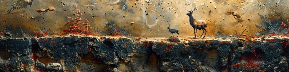 Wall Mural - In a painting, two deer are standing on a rocky cliff in a wild landscape