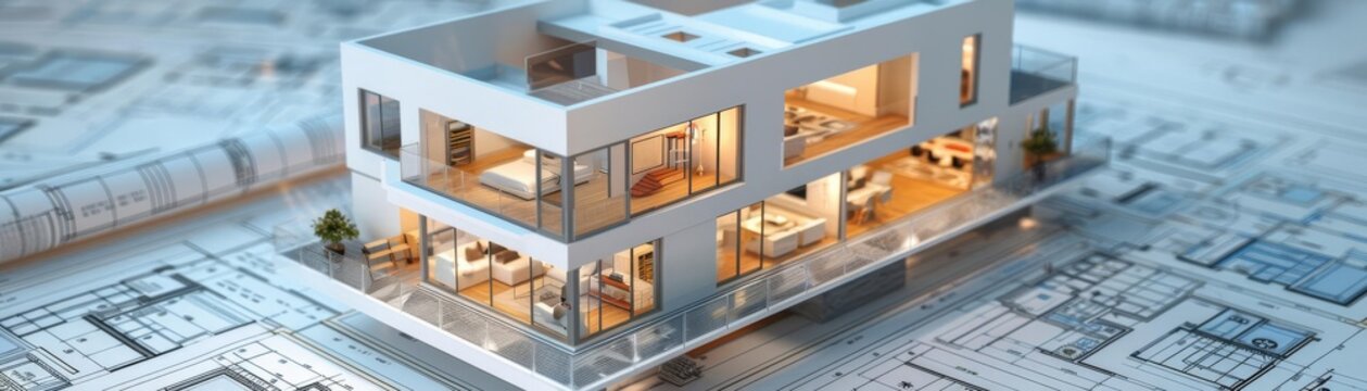 Precision and creativity combined in a 3D rendered model of a house with visible blueprints, showcasing architectural planning