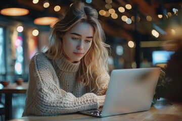 Wall Mural - Woman typing on laptop at table