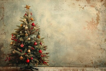 Wall Mural - Small tree adorned with ornaments against wall