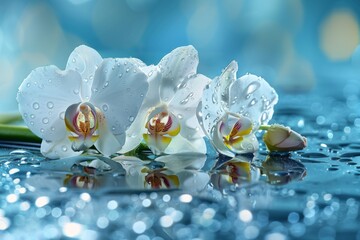 Wall Mural - Three white blooms, water droplets