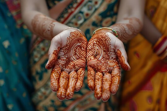 A traditional Indian wedding ceremony, featuring intricate henna designs on the bride hands and guests in beautiful saris.