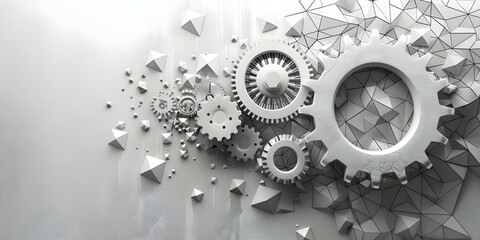 Wall Mural - Gear wheel transforming into triangles on white background in 8K technology. Concept Technology, Transformation, Gear Wheel, Triangles, White Background