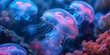 © Nice Seven - A mesmerizing scene of bioluminescent jellyfish gracefully floating in the deep ocean, their translucent bodies glowing with vibrant blue and pink hues, creating an ethereal underwater spectacle..