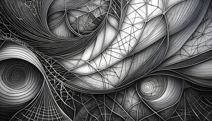 An intricate web of lines and shapes in shades of gray and black, creating a complex and textured abstract image. Art. Illustration. Design. 4