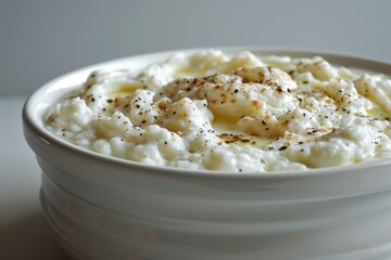 Wall Mural - Creamy bowl of rice pudding with a sprinkle of cinnamon, perfect for a comforting dessert or snack