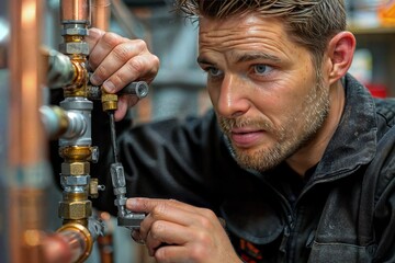 a focused plumber is meticulously working on a complex pipe system, adjusting a valve with precision