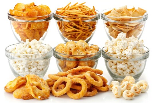 Variety of crunchy snacks in glass bowls, perfect for parties and casual gatherings